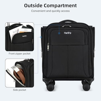 HanTrip 16 Inch Underseat Carry On Luggage with Wheels Softside Small Suitcases Personal Item Bag with Pocket Travel Luggage for Men Women Business Overnight Bag(Black) - color: Black