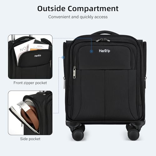 HanTrip 16 Inch Underseat Carry On Luggage with Wheels Softside Small Suitcases Personal Item Bag with Pocket Travel Luggage for Men Women Business Overnight Bag(Black) - color: Black