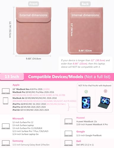 HYZUO 13 Inch Laptop Sleeve PC Case for MacBook Pro 13 M2 M1 2026-2016, 13" MacBook Neo 2026 A3404, MacBook Air 13 M5 A3449 M4 M3 M2 M1 2026-2018, 13" iPad Pro/Air, Surface Pro, XPS 13, Pink - color: Pink, size: 13 Inch