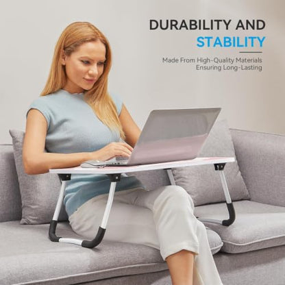 BUYIFY 23" Foldable Lap Desk for Laptop Writing w/Cup Holder Pink | Sturdy and Durable, Laptop Bed Desk with Tablet Slot, No Assembly, Space Saving for Bed Couch Dorm WFH Students - color: Pink