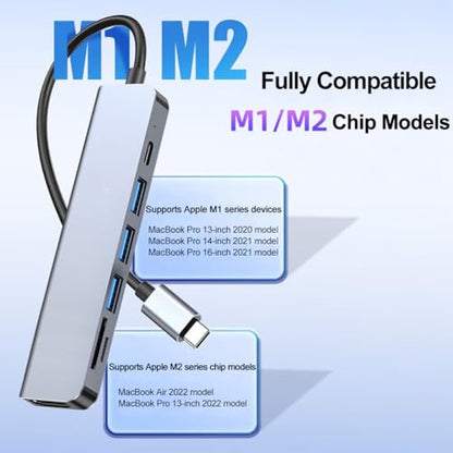 USB-C Hub Multi-Function Adapter 7-in-1 (Including 4K HDTV, 100W PD, USB 3.0, SD/TF Card Reader), Compatible with MacBook Air/Pro, iPad, Dell XPS, with Ethernet Port - size: 7in1