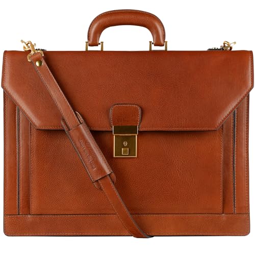Time Resistance Leather Briefcase - Italian Handmade Laptop Bag - Work Bag for Men and Women - Attache - Computer Bag - color: Cognac