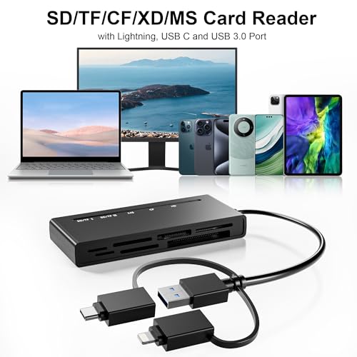 Memory Stick Pro Duo Adapter for iPhone/USB C/PC - 7 in 1 2X SD/ 2X TF/CF/MS/XD Picture Card Reader, Multi Memory Card Reader USB C Lightning OTG Adapter Memory Stick pro Duo Reader for iPhone