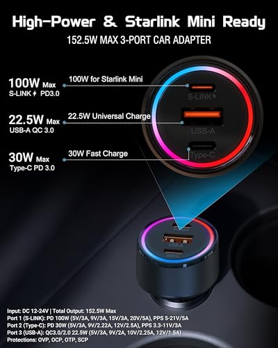 Starlink Mini Car Adapter with DC Power Cable, 12V-24V Car Charger Accessories for Starlink Mini, PD 30W + USB-A 22.5W + PD 100W Car Power Supply for Trucks, RVs, Boats - 9FT Braided Cable - size: 9FT