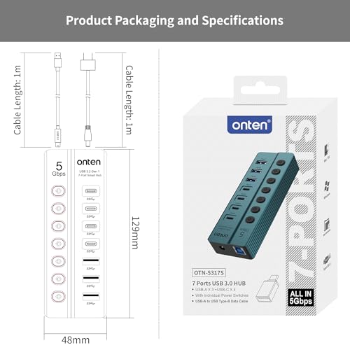 Onten 7-PortUSB 3.0 USB-C Hub, 5Gbps High - Speed Data Transfer, Independent Switches, Wide Compatibility for Laptop, Pad, Phone, Game Console