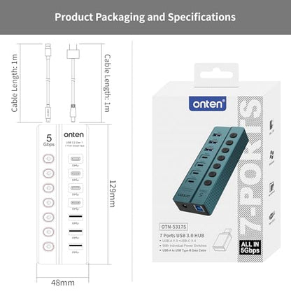 Onten 7-PortUSB 3.0 USB-C Hub, 5Gbps High - Speed Data Transfer, Independent Switches, Wide Compatibility for Laptop, Pad, Phone, Game Console