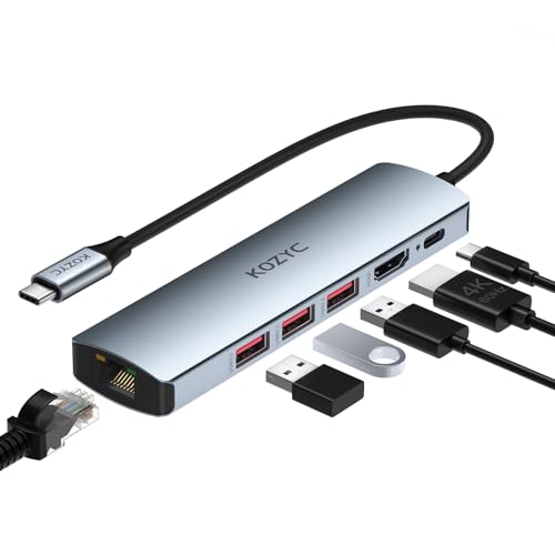USB C Hub Ethernet, KOZYC 6-IN-1 USB C Hub with 10Gbps, HDMI 4K 60Hz, 1Gbps Ethernet, 3xUSB-A 3.2 , 100W PD Compatible with MacBook Air/Pro, XPS13/15, Dell - style: 6-in-1