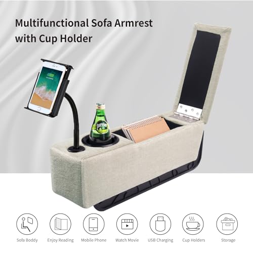 Multifunctional Sofa Armrest, Couch Armrest with Wireless Charge Stand, Removable Couch Caddy with Storage,Including LED Reading Light - color: Almond, size: Fabric-1 CUP