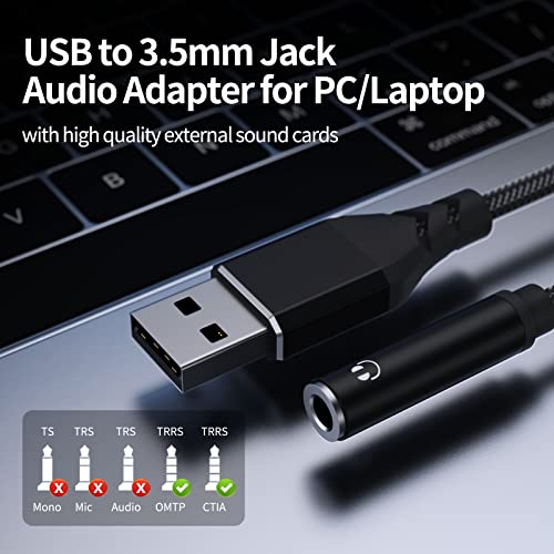 ASKUBSKU USB to 3.5mm External Stereo Sound Card [5.11inch] | Built-in Chip USB to Headphone Aux Converter Male USBA to Audio Jack Adapter TRRS 4-Pole for Headset Mic PC Laptop
