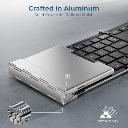 iClever Foldable Keyboard, BK08 Foldable Bluetooth Keyboard with Touchpad, Aluminum Build, USB-C Charge, Equipped with Stand Holder and Carrying Bag, Portable for Laptop, iPad, iPhone, Silver | Multi-Touch Trackpad, Pocket-Sized, Aluminum Build, 3-Device