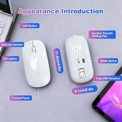 Wireless Bluetooth Mouse Rechargeable Long Lasting Dual Mode - BT 5.2 & 2.4G Silent RGB LED Mice, Slim Portable Ergonomic Mouse for Laptop/PC/Tablet/MacBook/iPad/Apple Devices(White) - color: White