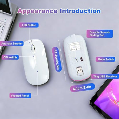 Wireless Bluetooth Mouse Rechargeable Long Lasting Dual Mode - BT 5.2 & 2.4G Silent RGB LED Mice, Slim Portable Ergonomic Mouse for Laptop/PC/Tablet/MacBook/iPad/Apple Devices(White) - color: White
