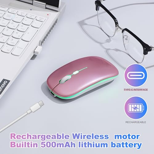 Wireless Bluetooth Mouse Rechargeable Long Lasting Dual Mode - BT 5.2 & 2.4G Silent RGB LED Mice, Slim Portable Ergonomic Mouse for Laptop/PC/Tablet/MacBook/iPad/Apple Devices(Rose Gold) - color: Rose Gold