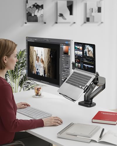 monTEK Dual Arm 2-in-1 Desk Mount, Laptop & Monitor, Fits 12–18" Laptops | Dual Arm Desk Mount with Ventilated Laptop Tray, Works for Laptop + Monitor,Full Motion Arm with Clamp/Grommet, 75/100 VESA - style: Dual Arm