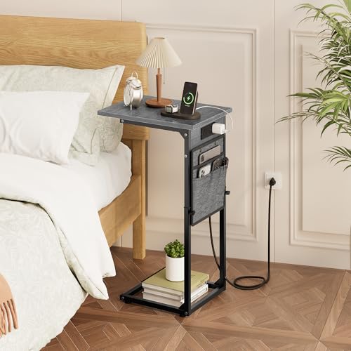 Vagusicc C-Shaped End Tables Set of 2 with Charging Station, 33'' Tall C Table Adjustable Height Side Table for Couch, Small Couch Table that Slide Under Sofa, TV Trays for Living Room, Gray Walnut - color: 2pc Gray Walnut, style: With Plug