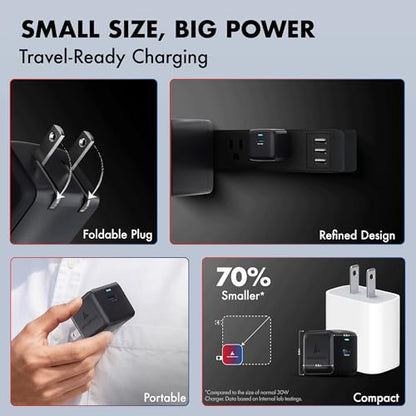 PD 30W Wozoyo GaN Charger, Type-C Fast Charger Compatible for iPhone 17/16/16 Pro Max/15 Series/iPad Pro, Smartphones & Tablets, QC 3.0,Compact Foldable Plug Design, Smart Power Delivery