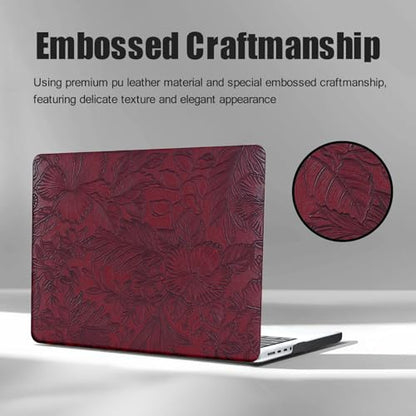 Floral Logo Cutout Case for MacBook Air 15 inch 2026 2025-2023 M5 M4 M3 M2 | Model A3448 A3241 A3114 A2941, Elegant Textured Retro Leather Hard Shell Mac Air 15 inch Laptop Case&Keyboard Cover, Burgundy - color: Embossed Floral Burgundy