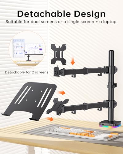 RGB Monitor and Laptop Mount Stand with 3 USB Ports, Charging and USB Data Transfer, Adjustable laptop stand for 13" to 32" Screen and 11"-17” Laptop, Holds 18lbs/Arm, 75x75/100x100 VESA, C-Clamp