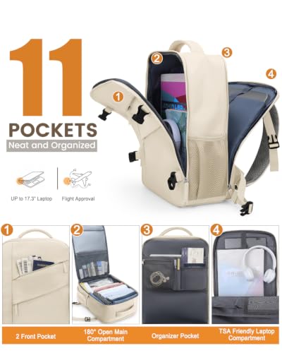 Capolo Travel Laptop Backpack Women Carry On Backpack Weekender Travel Bag | 25L Flight Approved,Waterproof Overnight Bag,College Bookbag,Work,3-4 Day Travel,Fits 17" Laptop (Large,Beige) - color: Beige, size: Large