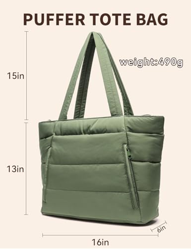 Puffer Tote Bag for Women, Nurse, Large Quilted Shoulder Bag with Cup Holder & Laptop Compartment for Work, Travel, Gym - color: Green