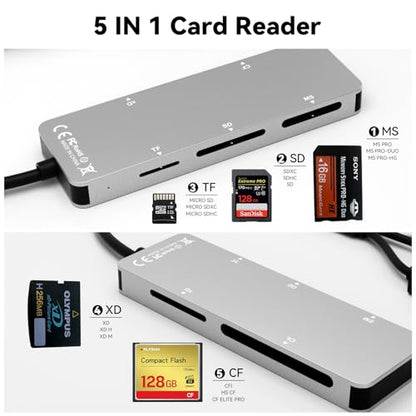 Memory Stick Pro Duo Reader for Lexar/Sony/Fuji - 5in3 Aluminum OTG Adapter for Memory Stick Pro Duo/XD/Compact Flash/SD/Micro SD Cards, Lightning USB C USB A Multi Card Reader for Camera/GoPro/Drone
