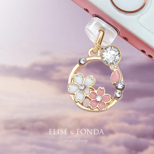 ELISE & FONDA CP85 USB Charging Port Anti Dust Plug Little Cherry Blossom Garland Pendant Phone Charm for iPhone 12/11/ XS MAX/XR/X/8 Plus/7/6S/7/SE iPad iPod（Pink）