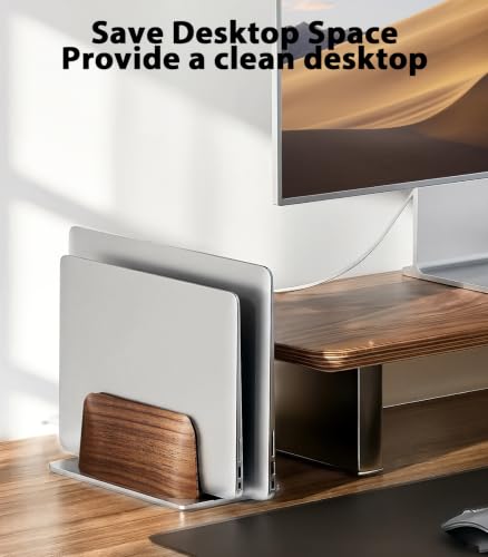 LOXP Vertical Laptop Stand, Dual Slot Wooden + Aluminum Laptop Holder | Desktop Adjustable MacBook Stand, Adjustable Base, for MacBook Pro/Air, (up to 17.3-inch All laptops) - color: silver