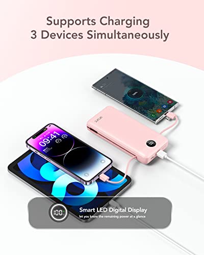 VRURC Portable Charger 20000mAh, Fast Charging Power Bank USB C,4 Output 2 Input Travel Essentials Charging Bank Equipped with LED Display,Built-in Wall Plug and Cables,Phone Charger Battery,Pink - color: Pink