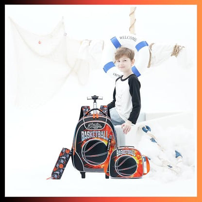 Meetbelify Kids Rolling Backpack with Wheels for Boys Rolling Backpacks with Lunch Box for Elementary School Students 3 in 1 Travel Luggage Carry on Suitcase for Boys Age 8-10 - color: 02 Basketball