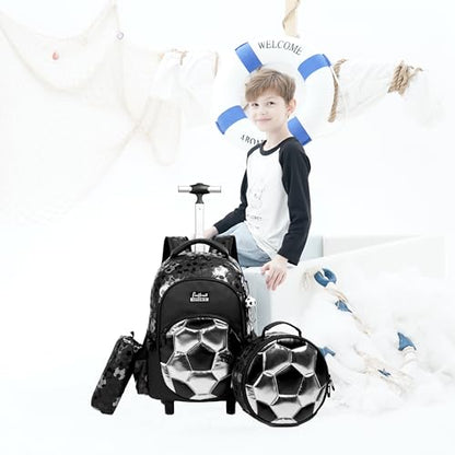 Meetbelify Rolling Backpack with Wheels for Boys Roller Backpacks with Lunch Box Pencil Case for Elementary Students Kids Football Luggage Travel Suitcase for Boys 6-8 - color: 02 Silver