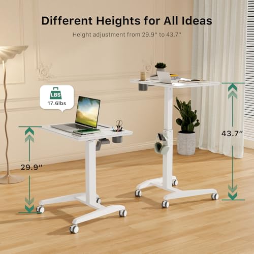 Gibbon Mounts 27" Mobile Rolling Standing Desk with Lockable Wheels, White | Small Laptop Cart Height Adjustable with Cup Holder, Slot, Hook, Portable Pneumatic Teacher Rising Workstation for Classroom - color: White