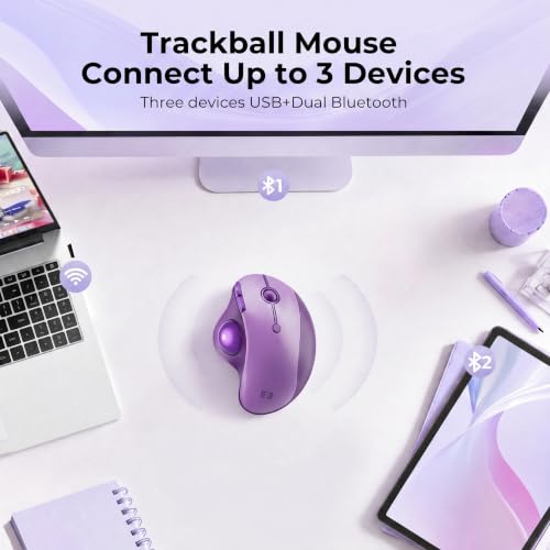 seenda Wireless Trackball Mouse, Ergonomic Bluetooth Rollerball Mice,Purple | USB-C rechargeable, 3-device Bluetooth+2.4G USB, thumb control, 5-level DPI and space-saving comfort for laptop, PC and Mac. - color: Purple