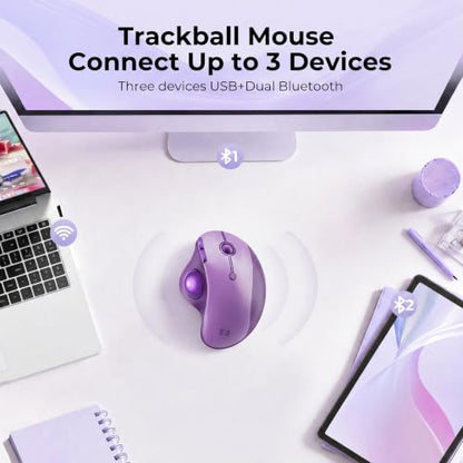 seenda Wireless Trackball Mouse, Ergonomic Bluetooth Rollerball Mice,Purple | USB-C rechargeable, 3-device Bluetooth+2.4G USB, thumb control, 5-level DPI and space-saving comfort for laptop, PC and Mac. - color: Purple