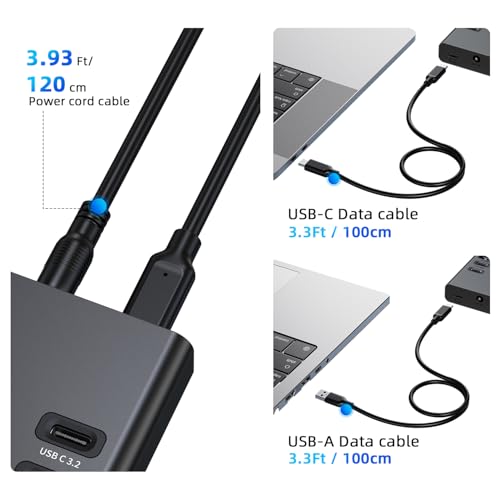 Powered USB Hub 10Gbps, 17 Ports USB 3.2 Hub, 96W Power Adapter | 10 USB-A 3.2, 3 QC 24W Fast Charging, 2 USB-C 3.2, SD/TF, 12V/8A Power Adapter for Laptop, PC, Computer, HDD, Flash Drive - color: Black