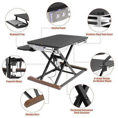 Electric Standing Desk Converter with Keyboard Tray, 26x16 Inch, Height Adjustable Sit to Stand Desk Riser with Unique Side Cover and Wooden Feet, Small Motorized Monitor Riser for Office & Home
