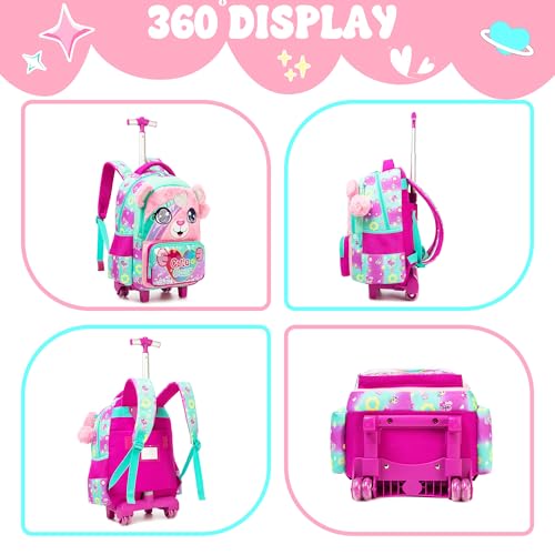 Meetbelify Cute Pink Bear Rolling Backpack with Wheels for Girls School Rolling Backpack Kids Travel Luggage for Girls Ages 5-12 - color: 01 Bear