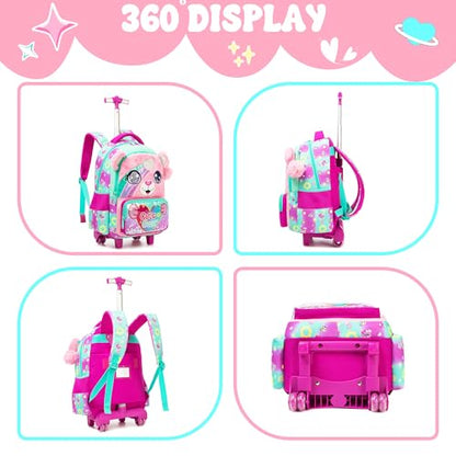 Meetbelify Cute Pink Bear Rolling Backpack with Wheels for Girls School Rolling Backpack Kids Travel Luggage for Girls Ages 5-12 - color: 01 Bear