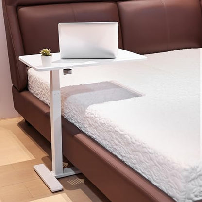 Adjustable Overbed Bedside Table with Hidden Wheels, Pneumatic Tilt Board Rolling Laptop Standing Desk Cart, Mobile Over Bed Sofa Chair Side End Tables, Walnut (White) - color: White