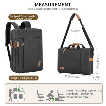 ESTARER Laptop Bag for Men 3 In 1, 17-17.3 Inch Computer Bag Laptop Backpack for Work/Travel/Business, Convertible Messenger Bag Water resistant Canvas Briefcase Backpack (Dark Grey) - color: Dark Gray