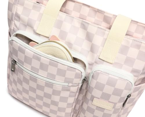 Women Tote Bag With Muti-Pockets,Lightweight Shoulder Bag,Large Capacity Handbag for Travel, Work, Gym - color: Lavender Grey Checkered