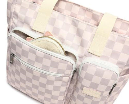 Women Tote Bag With Muti-Pockets,Lightweight Shoulder Bag,Large Capacity Handbag for Travel, Work, Gym - color: Lavender Grey Checkered