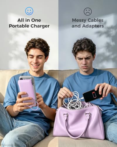 VEGER Portable Charger with Built-in AC Plug and Cables, All in One 10000mAh Ultra Slim Power Bank Travel Essentials, USB C External Battery Pack Compatible with iPhone, Samsung, More, Purple - color: E Purple