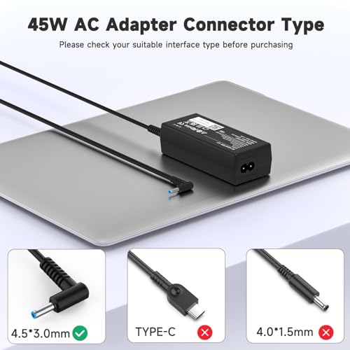 45W 19.5V Laptop Charger Compatible with HP Stream 11 13 14; Compatible with Pavilion x360 11 13 15; Probook Smart Blue Tip 4.5mm Power Supply Cord