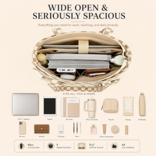 BTOOP Work Tote Bag for Women, Laptop Tote Bag With 15.6 Inch Padded Compartment, Teacher Nurse Bible Bags - color: Beige Checkered