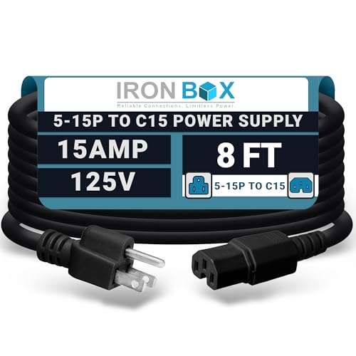 IronBox Electric - Heavy-Duty 5-15P to C15 Power Supply Cable - 15A 125V, 14/3 SJT Cord - Male End 5-15 Plug/Female End C15 Connector - UL Listed PC Power Cord - (Black,8 Foot) - color: Black, size: 8 ft