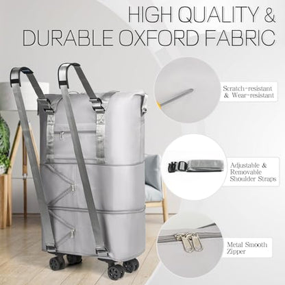 VOOWO Duffel Bag with Wheels - Rolling Foldable Expandable Duffle Bags with Wheel for Travel, Rolling Luggage Carry On Travel Bag, Large Wheeled Overnight Weekender Bag (Gray) - color: Gray