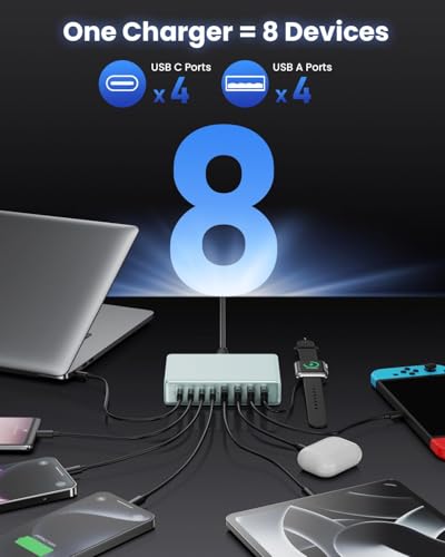 USB C Charger 200W USB C Charger Block,Upgraded GaN III 8-Port Fast Charging Station Hub,PD 65W Laptop Charging Adapter Compatible with MacBook Pro/Air,DELL,Steam Deck,iPhone 16/15/14,Galaxy S23/22 - color: Light Blue, size: 200W