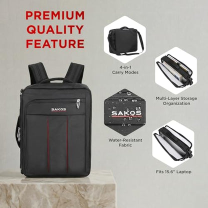 SAKOS Flash 3 in 1 Laptop Bag, 15.6 Inch Convertible Messenger, Shoulder Bag & Backpack, Water Repellent Travel Bag, Professional Work Bag for Men & Women, Briefcase with Laptop Compartment - Black - color: 5. Flash - Black/Red