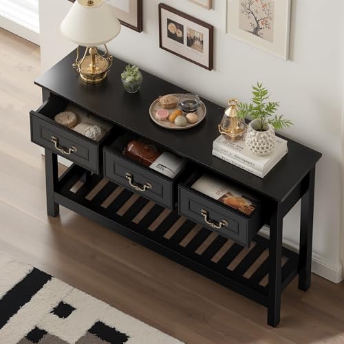 Sofa Table - Entryway Table with Drawers, Narrow Console Table for Living Room, 53” Long Farmhouse Sofa Table with 3 Drawers & 2-Tier Shelves,Black Oak Finish for Hallway or Behind Couch - color: Black
