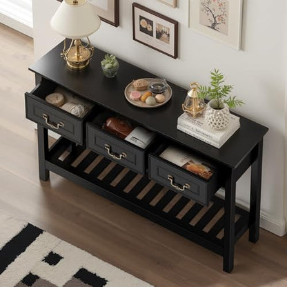 Sofa Table - Entryway Table with Drawers, Narrow Console Table for Living Room, 53” Long Farmhouse Sofa Table with 3 Drawers & 2-Tier Shelves,Black Oak Finish for Hallway or Behind Couch - color: Black